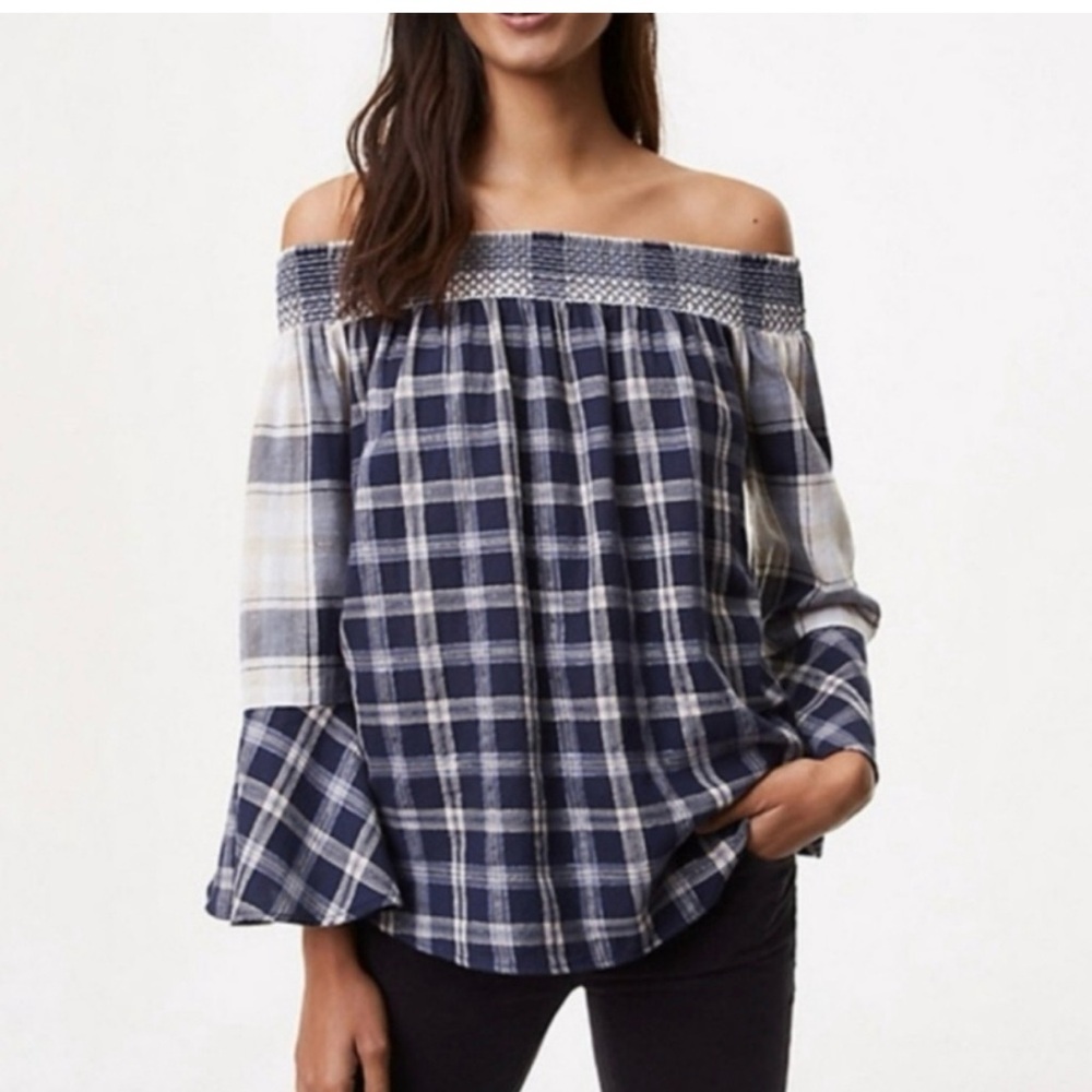 Loft Women's Plaid Off-Shoulder Women's Blouse Size Large